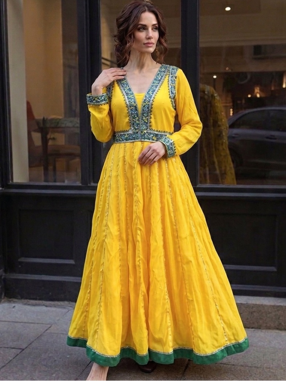 Embroidered Yellow Midi Dress Mehndi Or Mayun